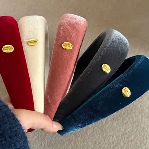 Velvet Padded Wide Brim Headband For Women Vintage French Style Gold Metal Tag Lettering Handmade Hair Band Accessory