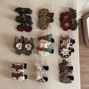 Handmade Crochet Rabbit Hair Clips With Artificial Pearls For Girls Cute Yarn Floral Hair Barrettes Side Clips Jewelry