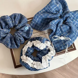 French Style Denim Blue Tweed Scrunchie Elegant Button Flower Decorative Hair Tie Lazy Ponytail Rope Hair Accessories Women