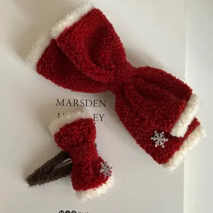 Christmas Plush Bow Hair Clip Red White Faux Lamb Wool Snowflake Metal Decor Sweet Winter Hair Accessory For Women Girls