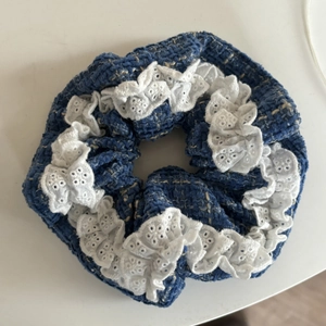 French blue tweed hair scrunchie with white lace embroidery for elegant styling