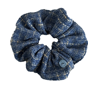 Blue tweed scrunchie with button detail and French vintage velvet style hair accessory