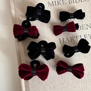 Vintage Elegant Velvet Bow Hair Clips For Women Wine Red Black Bowknot Hair Claw Clips Handmade Hairpins Girl Hair Accessories