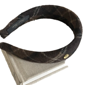 Vintage brown plaid wool headband with gold metal tag and thick padded wide frame