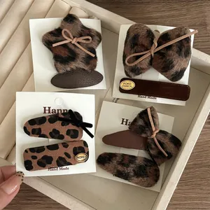 Vintage Leopard Print Plush Bow Star Hair Clips Sweet Cool Faux Fur Velvet BB Clips Handmade Hair Accessories For Women