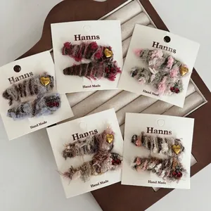 Lot de Barrettes à Cheveux en Laine Fait Main Cerise Cœur Dégradé Tricoté Doux Peluche Femme Fille Mode