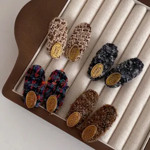 French Vintage Tweed Woolen Duckbill Hair Clips For Women Gold Tag Autumn Winter Thick Hair Side Clip Handmade Accessories