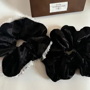 French Style Black Velvet Scrunchie With Elegant White Lace Trim Handmade Elastic Hair Tie Accessory For Women Daily Wear