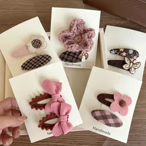 Sweet Pink Brown Bowknot Floral Hair Clip Set For Kids Girls Fabric Handmade Embroidery Barrette Hair Accessories