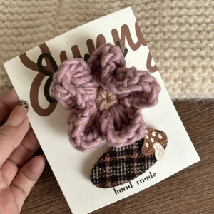 Pink and brown set with a knitted purple flower and mushroom bow hair clip for girls