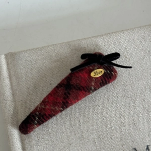 Retro red plaid hair clip with black velvet bow and golden Love charm for women