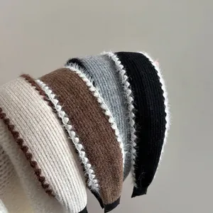 Elegant plush wide headband set in white, coffee, grey, and black knitted fabric
