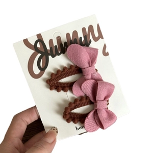 Pink and brown fabric bow flower hair clips for girls set of two with white card