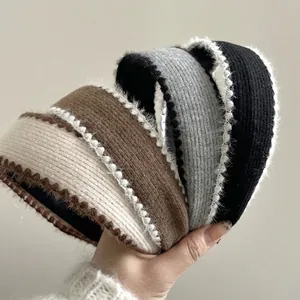 Women Knitted Plush Wide Headband Winter Warm Contrast Color Handmade Hair Band Commuter Retro Headwear Fashion Accessories