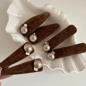 Vintage caramel velvet hair clips with pearls and Luck engraving 6-piece set