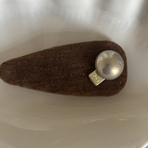 Vintage caramel corduroy drop clip with pearl and gold LUCK plaque hair accessory