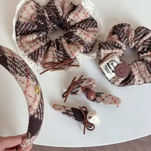 Brown plaid hair accessories set including scrunchies with lace and bow hair clips