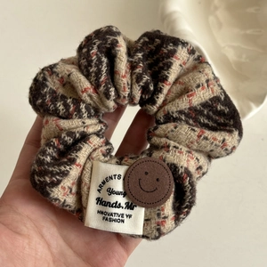 British style brown plaid hair scrunchie with cute leather smiley face and fabric label