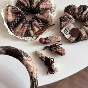 Sweet Autumn Winter Brown Plaid Tweed Hair Accessory For Women Vintage Bow Bear Scrunchie Hair Clip Headband Hair Tie