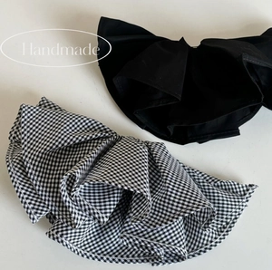 Large double-layer handmade ruffle flower hair clip in solid black and gingham pattern