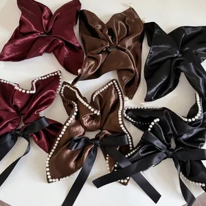 French Style Satin Bow Scrunchie With Artificial Pearl Elegant Glossy Hair Tie For Women Vintage Niche Hair Accessories