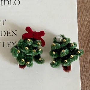 Barrettes sapin de Noël en peluche verte avec nœud rouge et perles pour femmes et filles