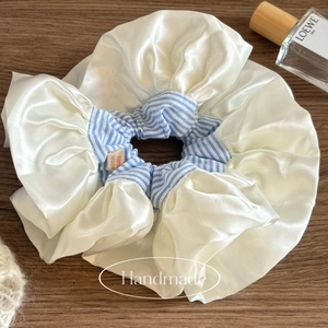 Balletcore Large Scrunchie Blue Striped Fabric Hair Tie Handmade Label Cream White Satin Look Hair Accessory For Women