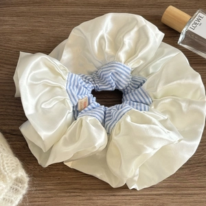 Blue striped ballet core oversized hair scrunchie with cream lace and handmade label