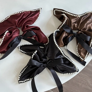 French satin bow hair scrunchies with white pearls in burgundy, coffee, and black
