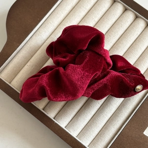 Velvet burgundy red oversized hair scrunchie with a round golden love metal charm