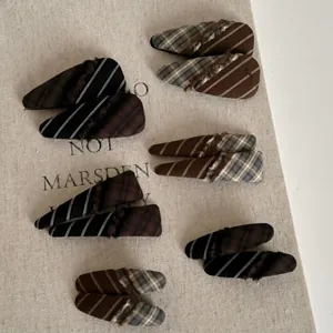 Vintage French plaid hair clip set with fringe trim and retro brown patterns