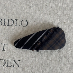 French style plaid tassel patchwork hair clip in brown and green with vintage aesthetic