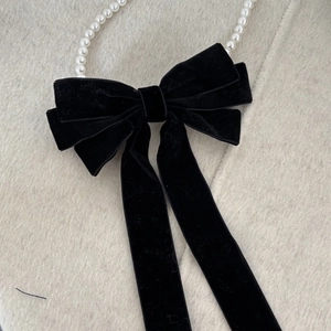 French vintage black velvet bow hair clip with white pearl bead chain embellishment