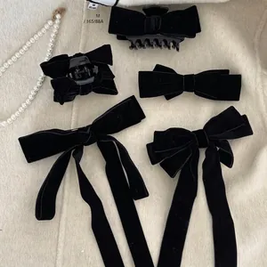 Vintage Black Velvet Bow Hair Clip For Women Elegant Ribbon Bowknot Claw Clip Spring Clip French Style Hair Accessories