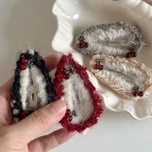 Handmade Crochet Woolen Yarn Cherry Hair Clip For Women Girls Sweet Cute Fruit Bangs BB Clip French Retro Hair Accessories