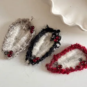 Handmade crochet cherry hair clips set in white, black and red colors for women