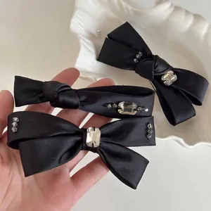 Barrette à Cheveux Nœud Papillon en Satin Noir Élégant Avec Strass Cristal Perles Accessoire Cheveux Mode pour Femme