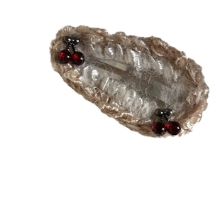 Handmade crochet cherry hair clips with red beads on brown wave knit metal BB barrette