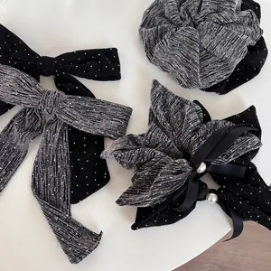 Sparkling black bow hair clip and scrunchie set with silver threads and pearls