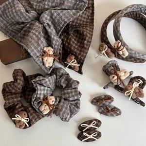 Checkered Bow Bear Hair Scrunchie Handmade Fabric Hair Clip Vintage Sweet Plaid Headwear For Women Girls Fashion Accessories