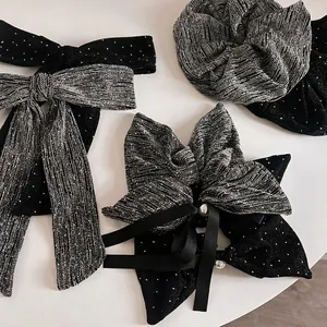 Vintage Shiny Fabric Bow Hair Clip Rhinestone Artificial Pearl Large Ponytail Holder For Women Elegant French Hair Accessories