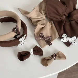 Women Sweet Caramel Polka Dot Bow Hair Accessories Handmade Fabric Headband Hair Tie Scrunchie Bowknot Hair Clip Jewelry