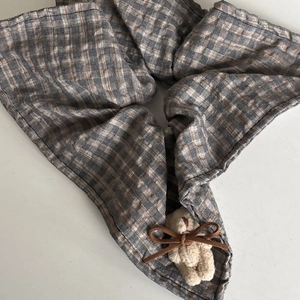 Classic checkered scrunchie with a cute beige plush bear and brown suede bow