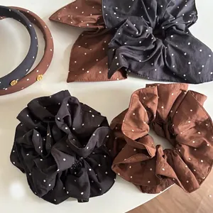 Polka dot hair scrunchie and headband set in dark grey and brown academie style