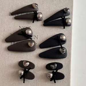 Vintage PU Leather Hair Clip With Bow Heart Cat Eye Artificial Pearl Geometric Duckbill Hairpin For Women Daily Fashion Accessories
