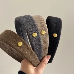 Vintage wide wool padded headband set with gold metal logo in four assorted colors