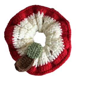 Handmade crochet red apple hair scrunchie with leaf design for women and girls