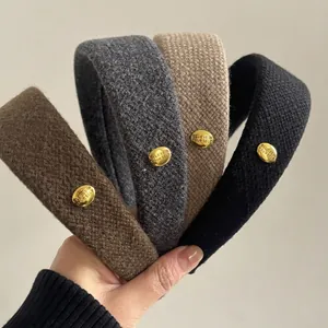 Vintage Wide Brim Fabric Headband With Gold Metal Label High Cranial Top Fashion Solid Color Hair Band For Women