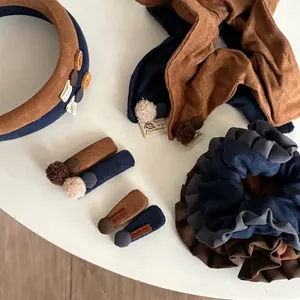 Sweet Autumn Winter Fabric Hair Clip Button Decor Color Block Scrunchie Elegant Hair Tie For Women Girls Fashion Hair Accessories