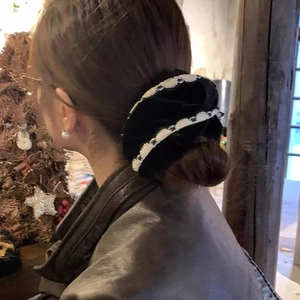 Oversized velvet hair scrunchie with white lace edges for ponytails or buns